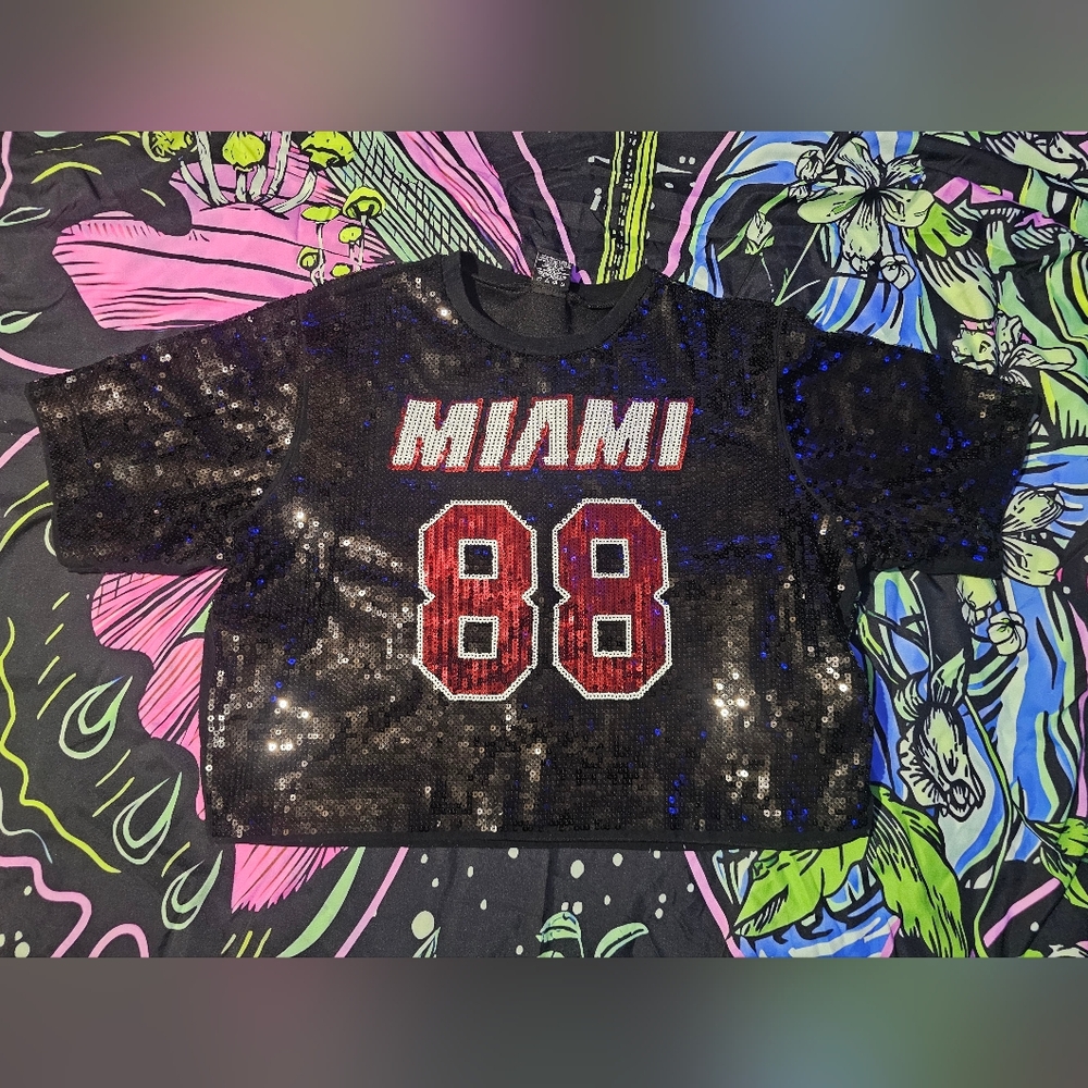 NBA Crop Top Ultra Game Black Sequin Miami Heat Number 88 Women's Jersey